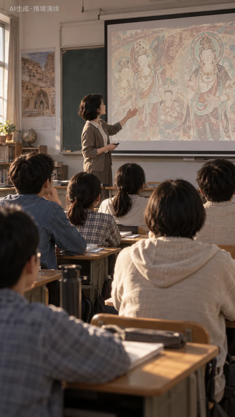 孩子通过屏幕走近敦煌的情景演绎