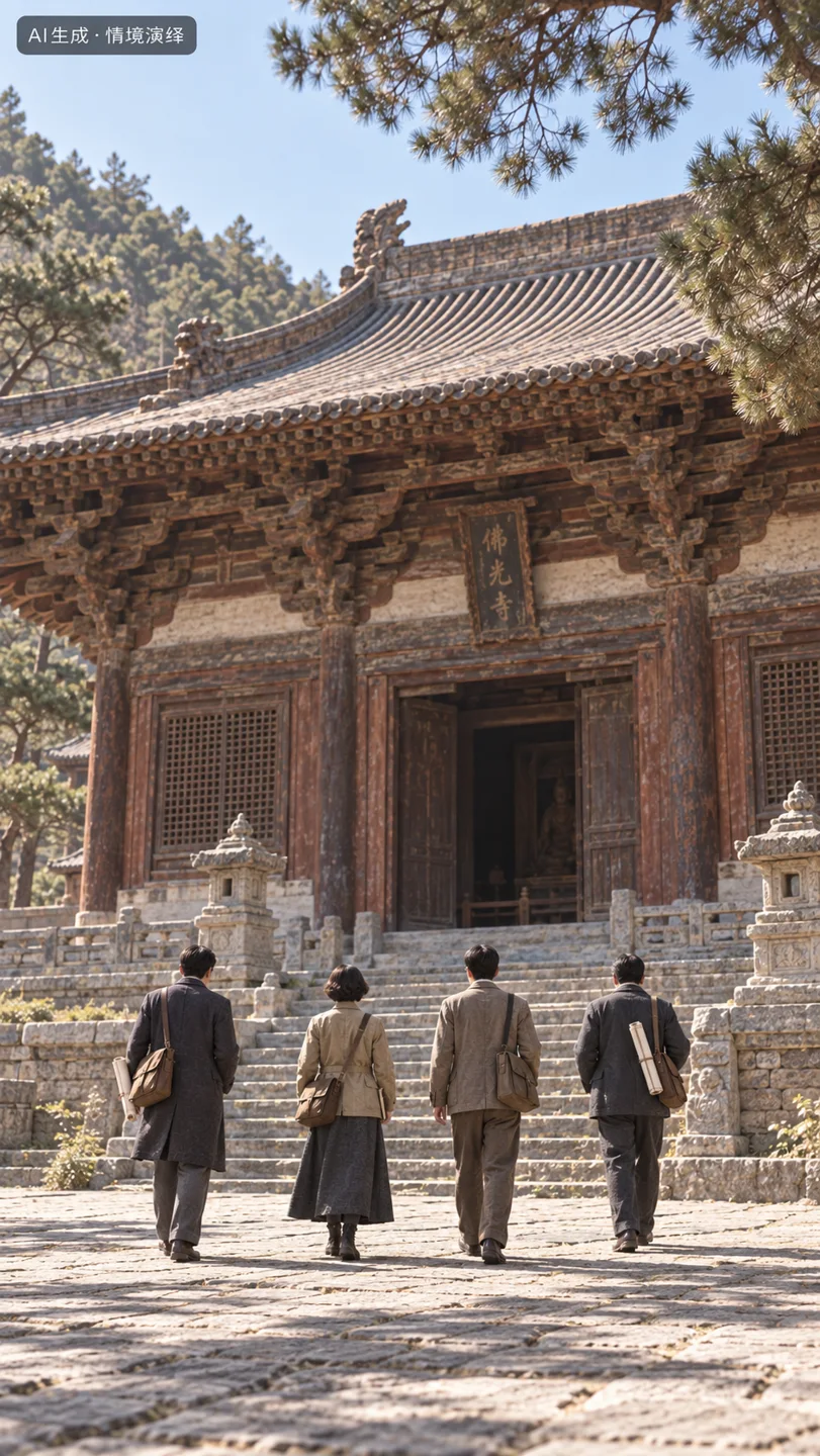 林徽因与同伴考察古寺的情景演绎,非佛光寺实景照片