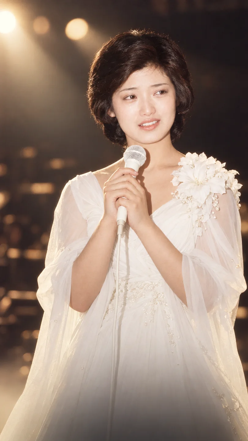 1980年21岁山口百惠在告别演唱会上,白色舞台礼服,手持白色话筒,半身特写,平静动容