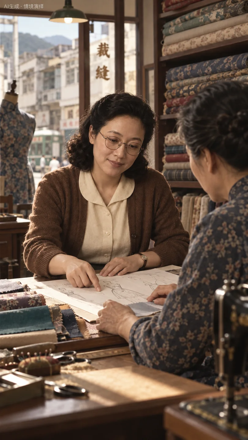 邝文美与裁缝查看衣服图样的情景演绎,非原信与草图复刻