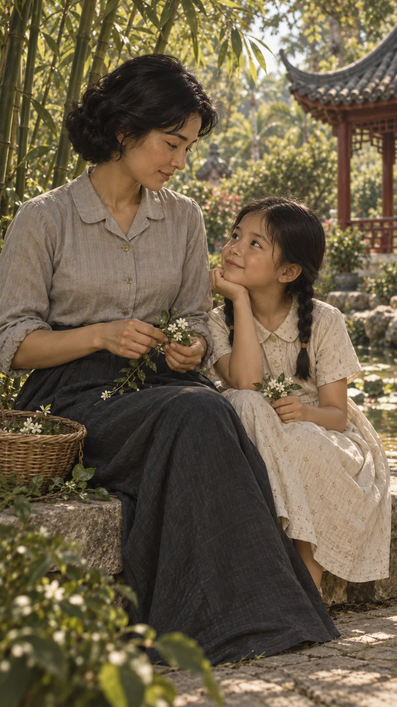 女儿与孩子在园中相伴
