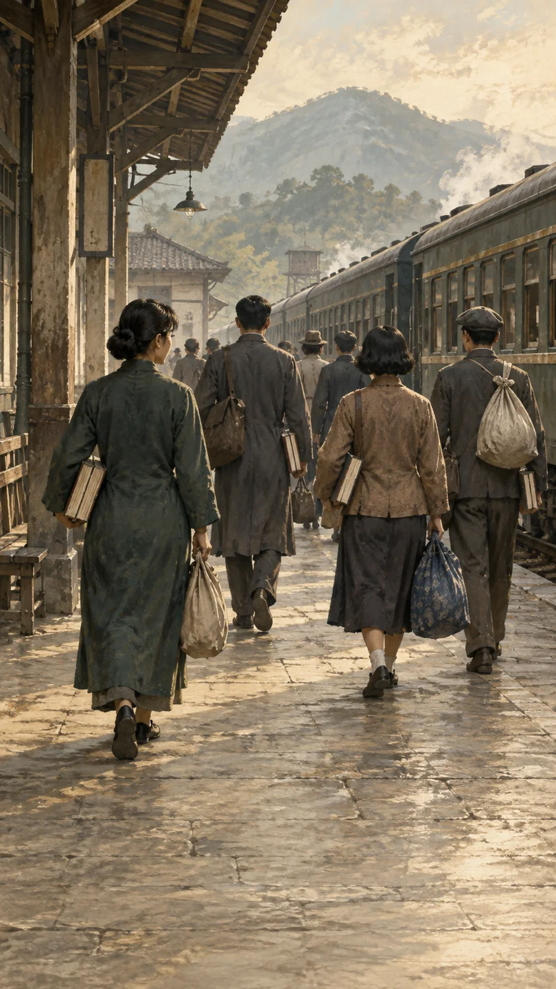 1940年代车站中携书与行李行走的人群