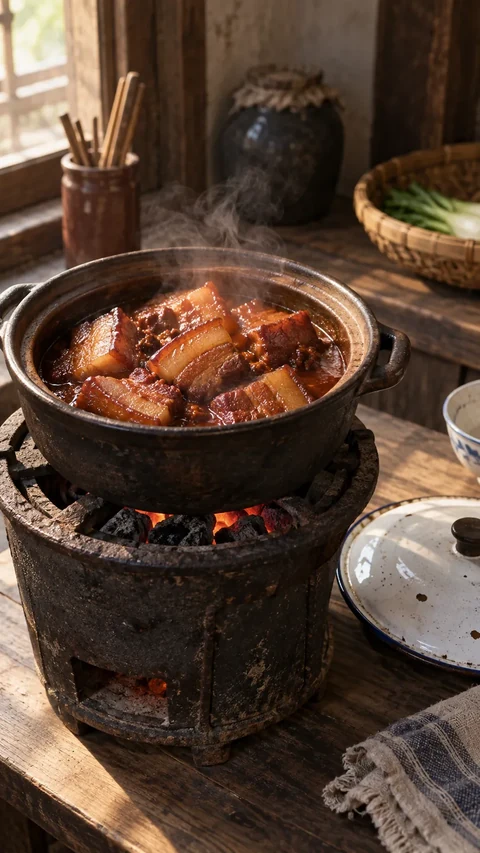 炉上慢炖的酱豆腐肉