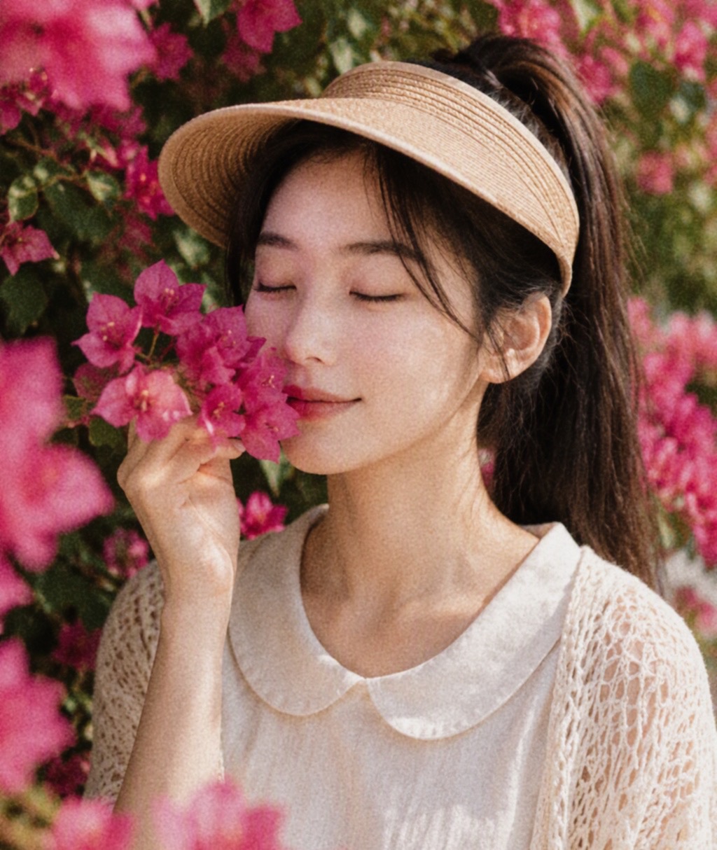 缇薇雅戴草编空顶帽、扎高马尾,在三角梅花丛中闭眼闻花