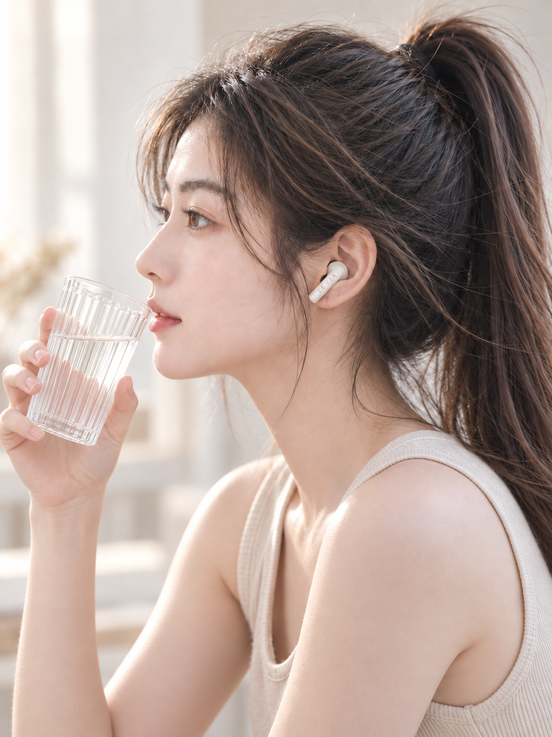 缇薇雅戴着TEVIA耳机,侧身举起透明玻璃杯